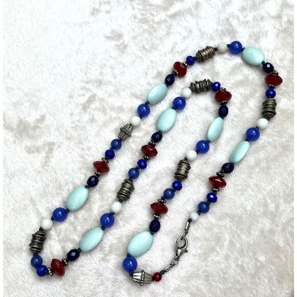 Beaded Necklace Blue Red Mint Green Silver Tone Long 31" - Picture 2 of 5